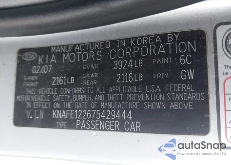 2007 Kia Spectra Ex from USA, damaged, VIN KNAFE122675429444